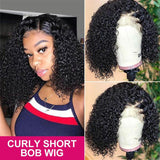 Human Hair Wigs Virgin Hair Lace Front Bob Wig Curly Wave #1B