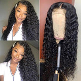 Pre-Plucked Lace Closure Wigs Virgin Hair Deep Wave Wig #1B