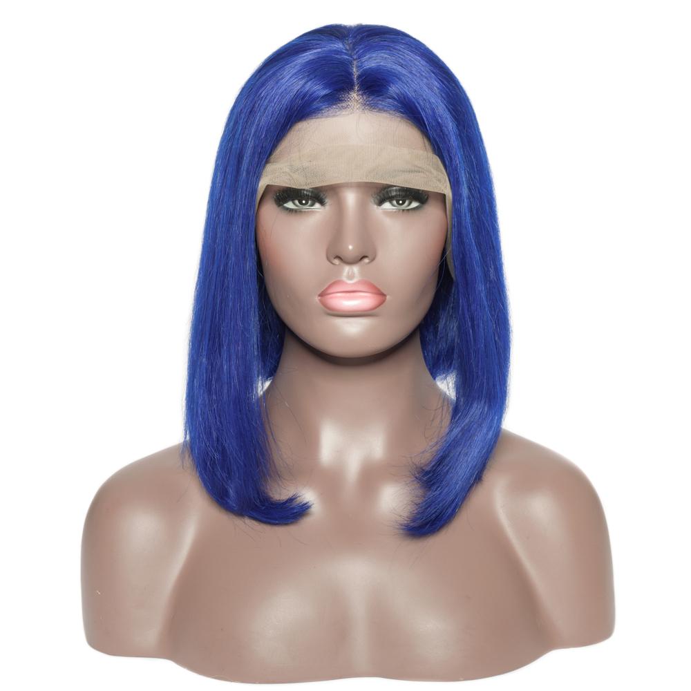 Pre-Plucked Human Remy Hair Lace Front Bob Wig Straight (Blue)