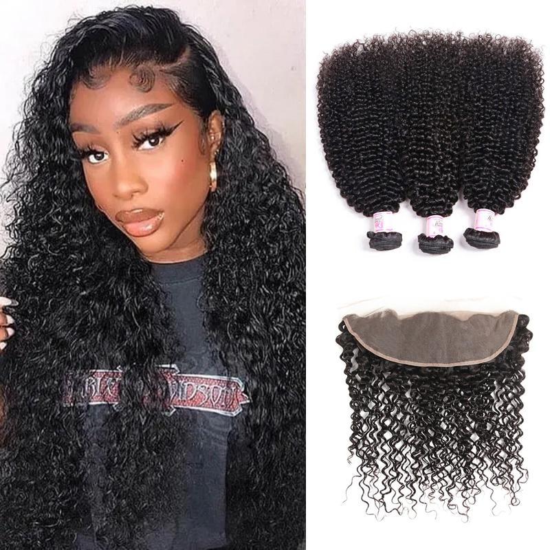 Virgin Hair 3 Bundles with Lace Frontal Kinky Curly Hair