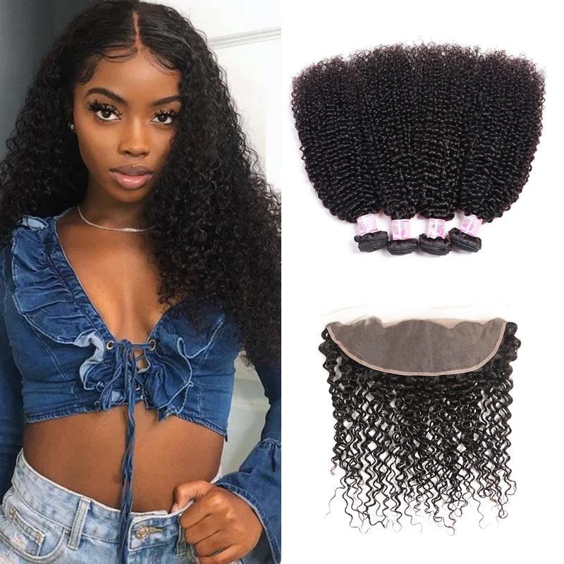 Virgin Hair 4 Bundles with Lace Frontal Kinky Curly Hair