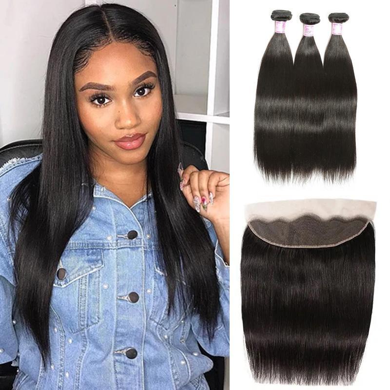Virgin Hair 3 Bundles with Lace Frontal Straight Hair