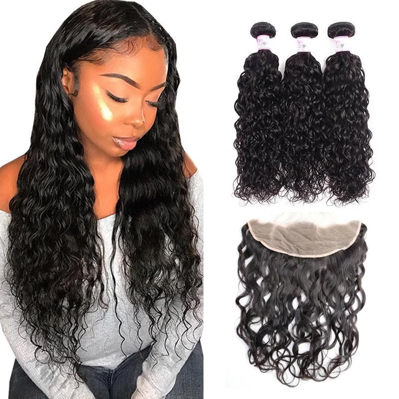 Virgin Hair 3 Bundles with Lace Frontal Water Wave Hair