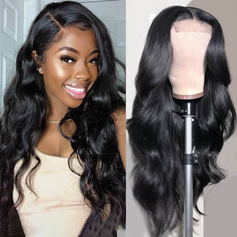 Pre-Plucked Lace Closure Wigs Virgin Hair Body Wave Wig #1B