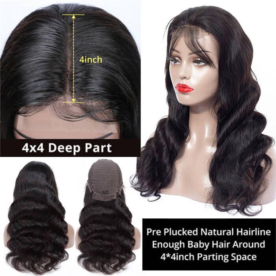 Human Hair Wigs 4 x 4 Lace Closure Wigs Virgin Hair Body Wave Wig #1B