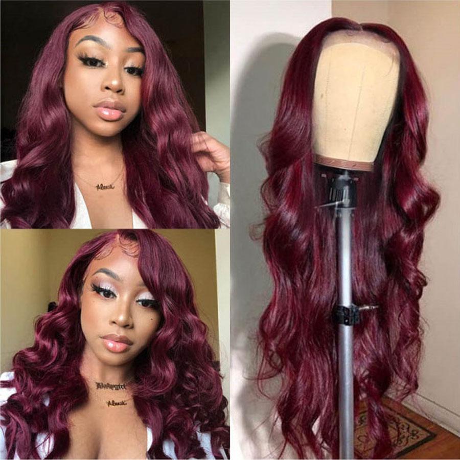 Pre-Plucked Lace Front Wigs Virgin Hair Body Wave Wig #99J Burgundy