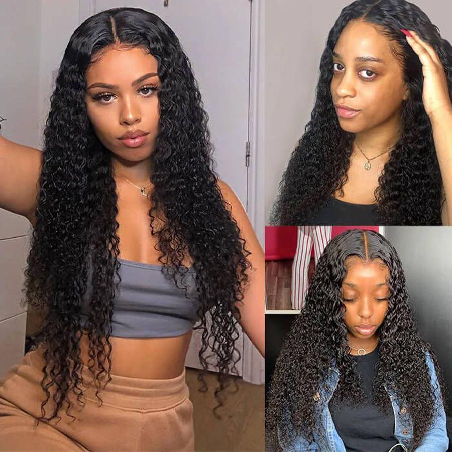 Pre-Plucked Lace Closure Wigs Virgin Hair Curly Wave Wig #1B