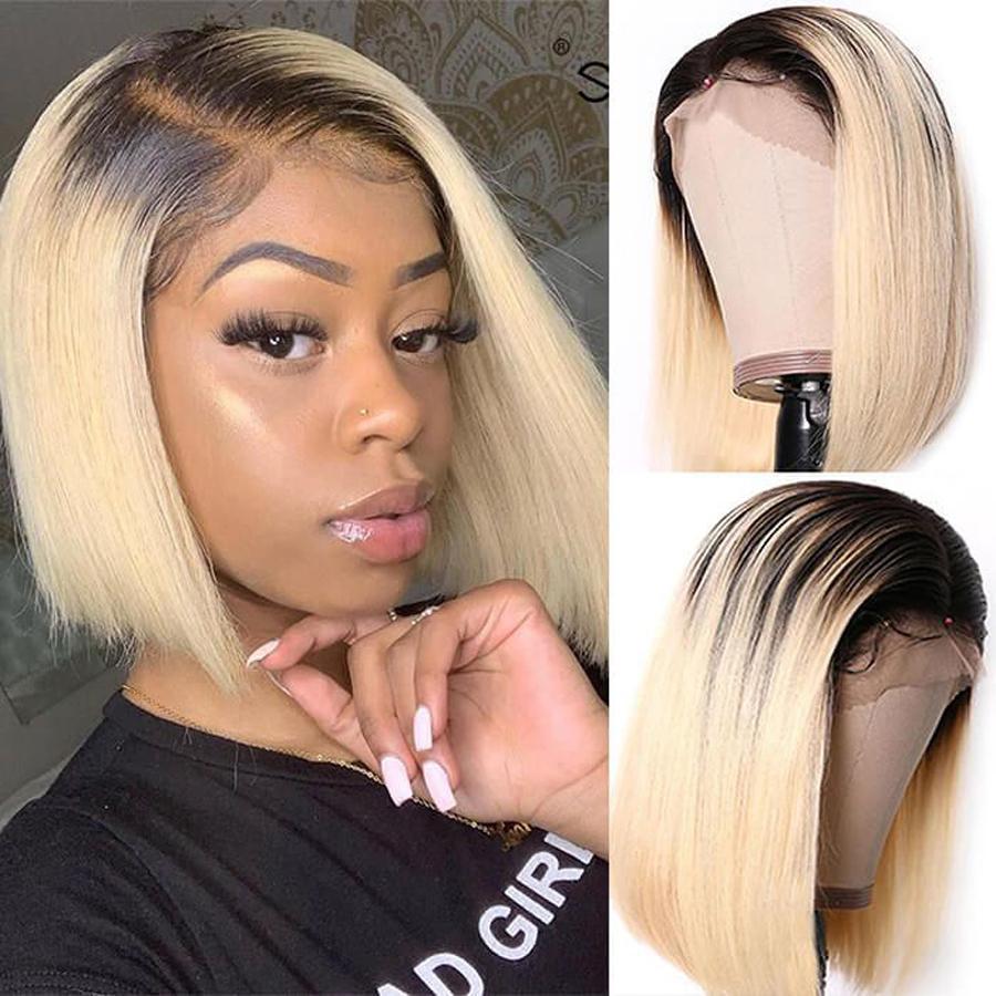 Pre-Plucked Human Hair Lace Front Bob Wig Straight (#1B/613 Blonde)