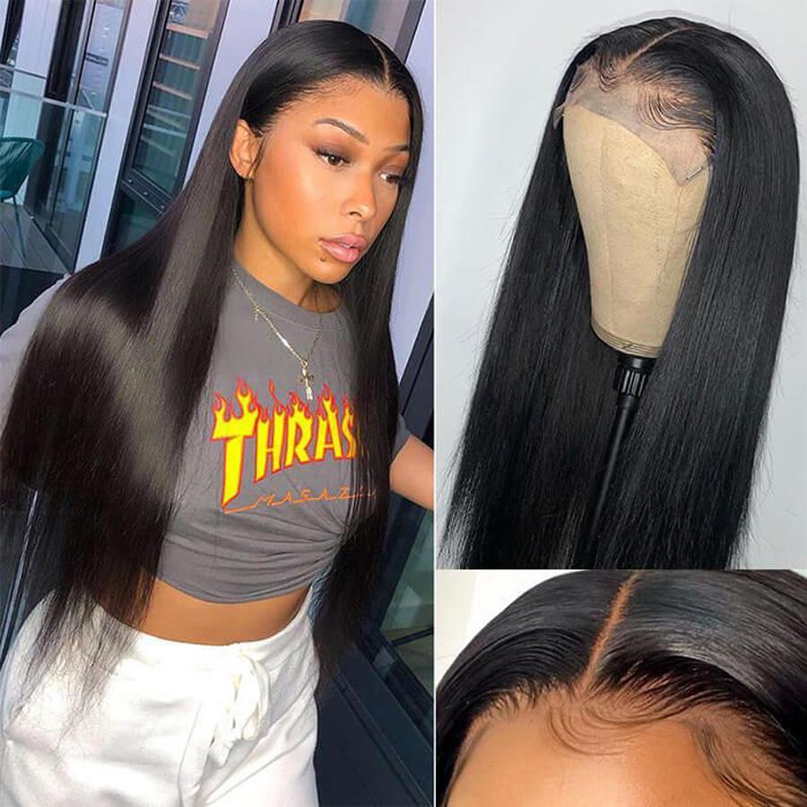 Pre-Plucked Lace Closure Wigs Virgin Hair Straight Wig #1B
