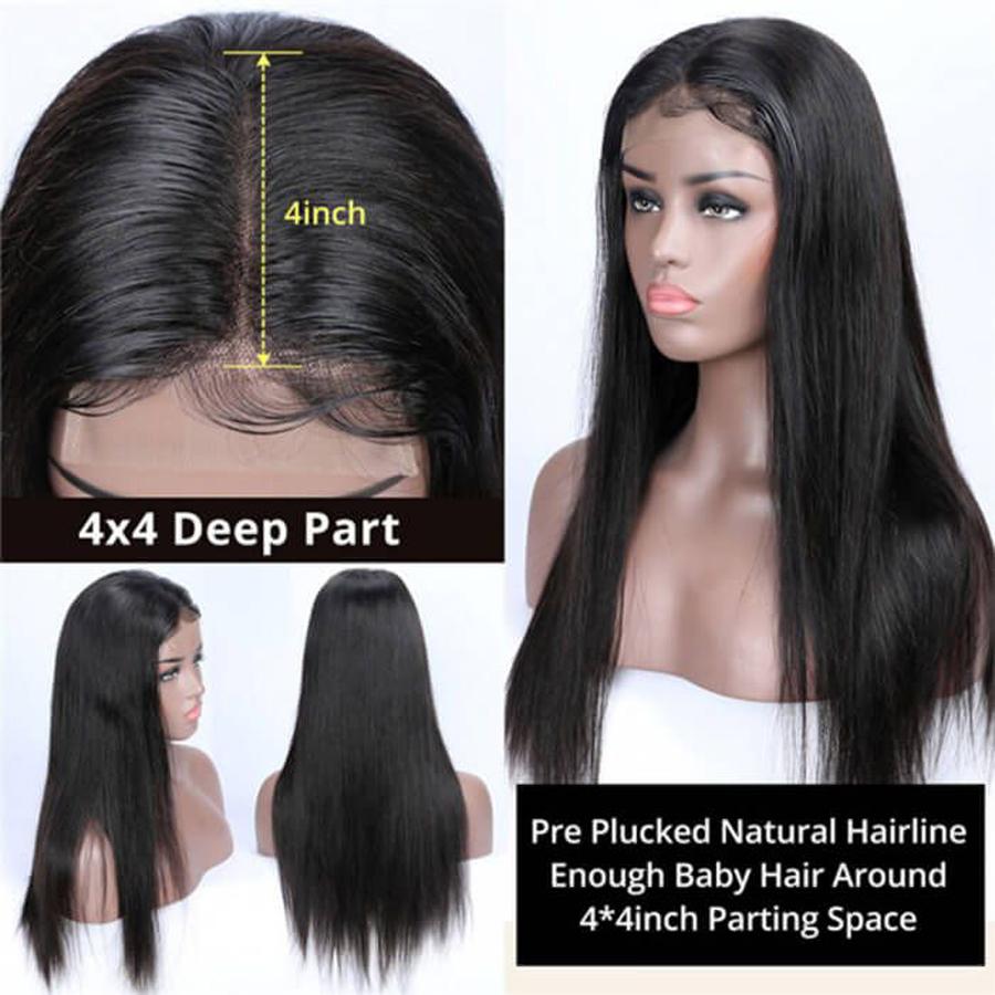 Human Hair Wigs 4 x 4 Lace Closure Wigs Virgin Hair Straight Wig #1B