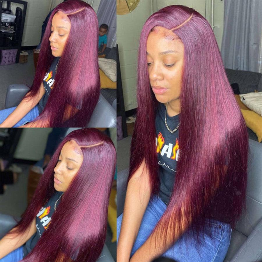 Pre-Plucked Lace Front Wigs Virgin Hair Straight Wig #99J Burgundy