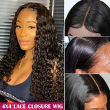 Human Hair Wigs 4 x 4 Lace Closure Wigs Virgin Hair Water Wave Wig #1B